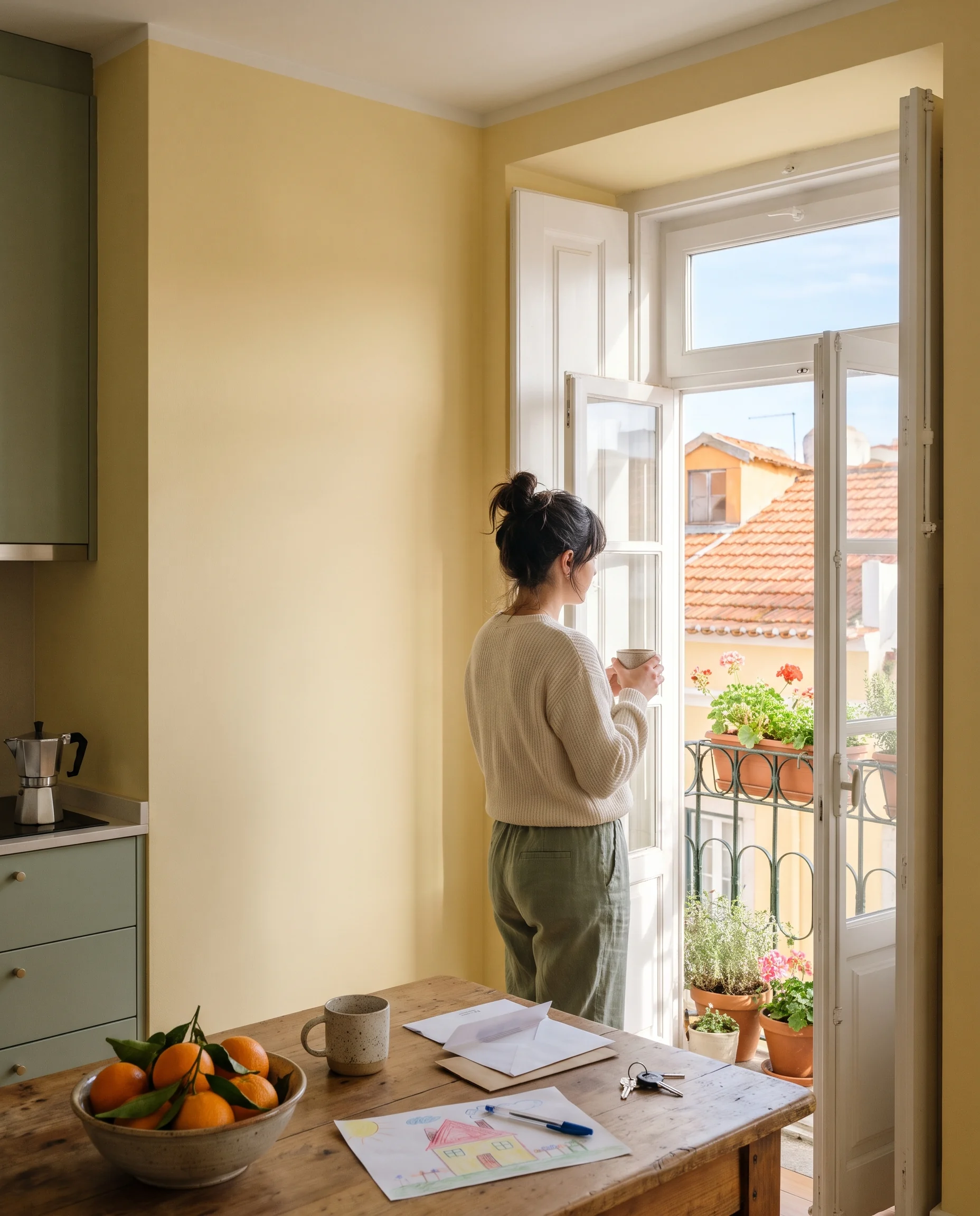Cozinha luminosa; uma mulher bebe café à janela aberta, junto à mesa de madeira